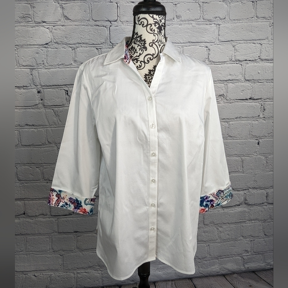 Chico's women's long sleeve cuffed button front shirt paisley print stretch b22